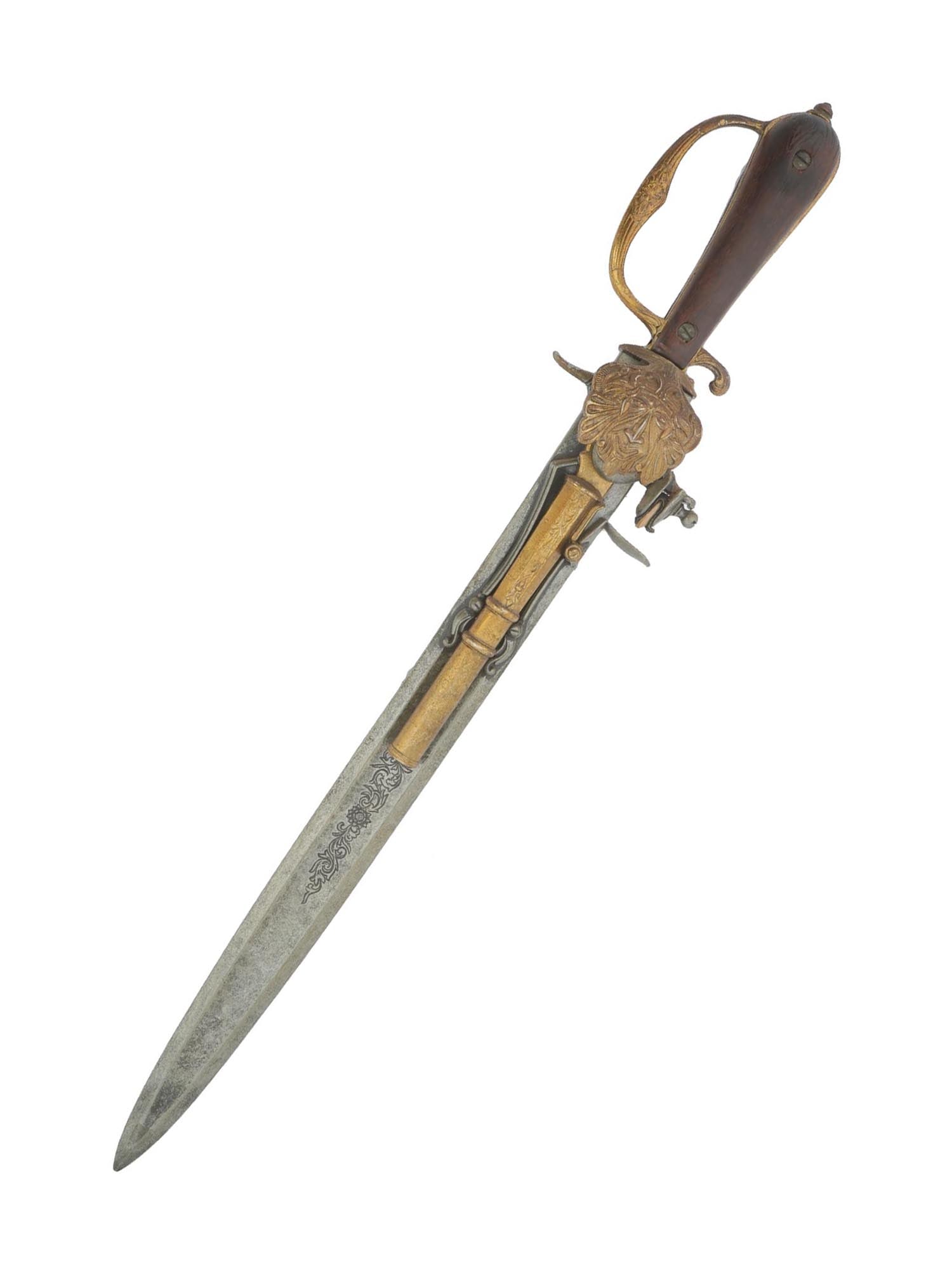 EUROPEAN COMBINED HUNTING DAGGER AND FLINTLOCK PISTOL: A reproduction of the European combination weapon Hunting Dagger and Flintlock Pistol. The originals of such combined weapons were first created in England, in the 18th century. Highly decorative silv