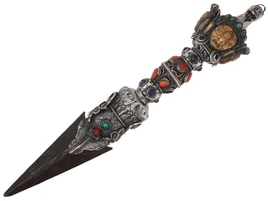 TIBETAN BUDDHIST SILVER PHURBA CEREMONIAL DAGGER