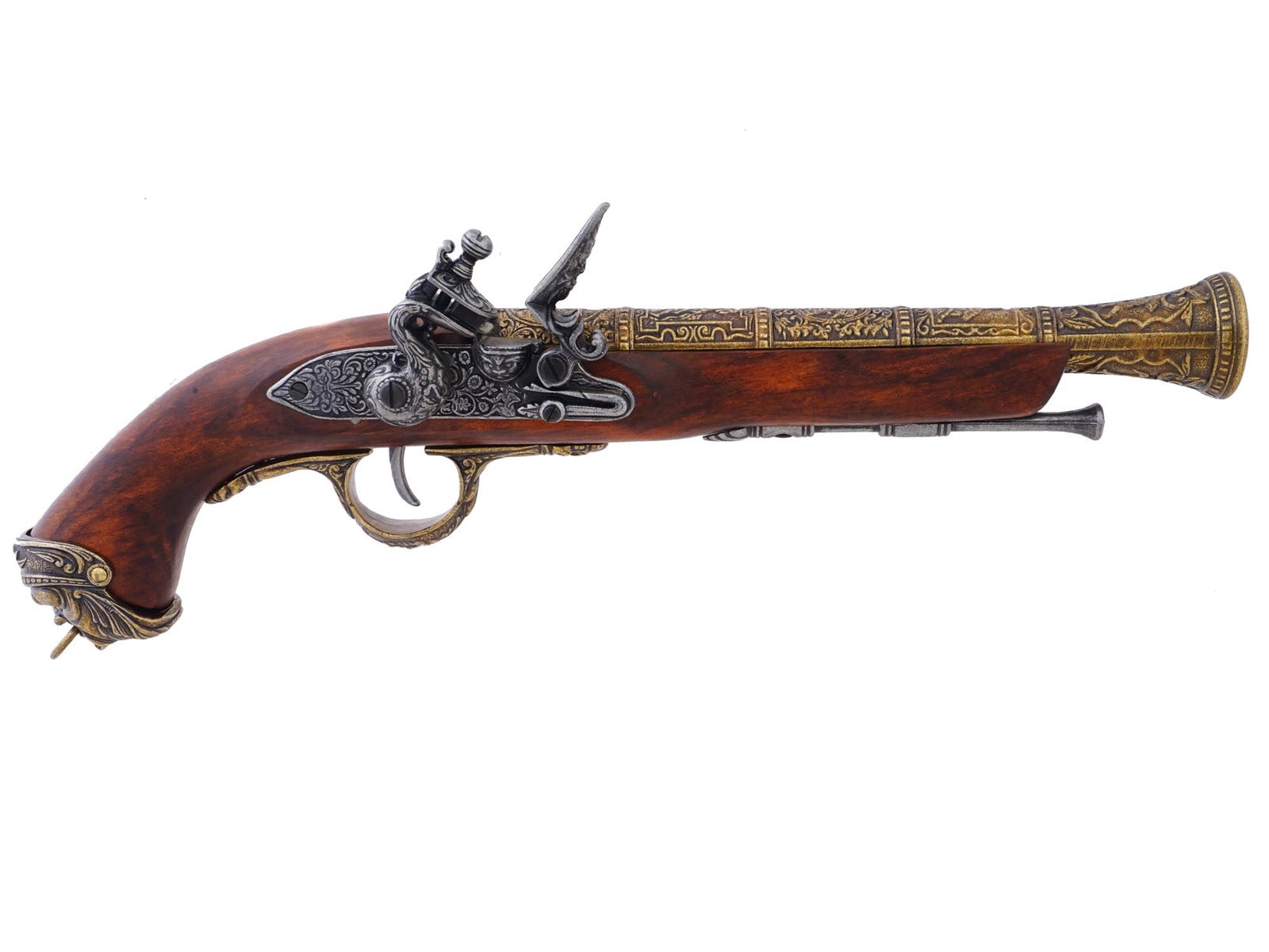ITALIAN 1825 PERCUSSION DUELING FLINTLOCK PISTOL: A reproduction of an early 19th-century Italian flintlock pistol. Replica of a 1825 piece made in Brescia, Lombardy, Italys weapons and metallurgical center The stock and handle are made of wood and d