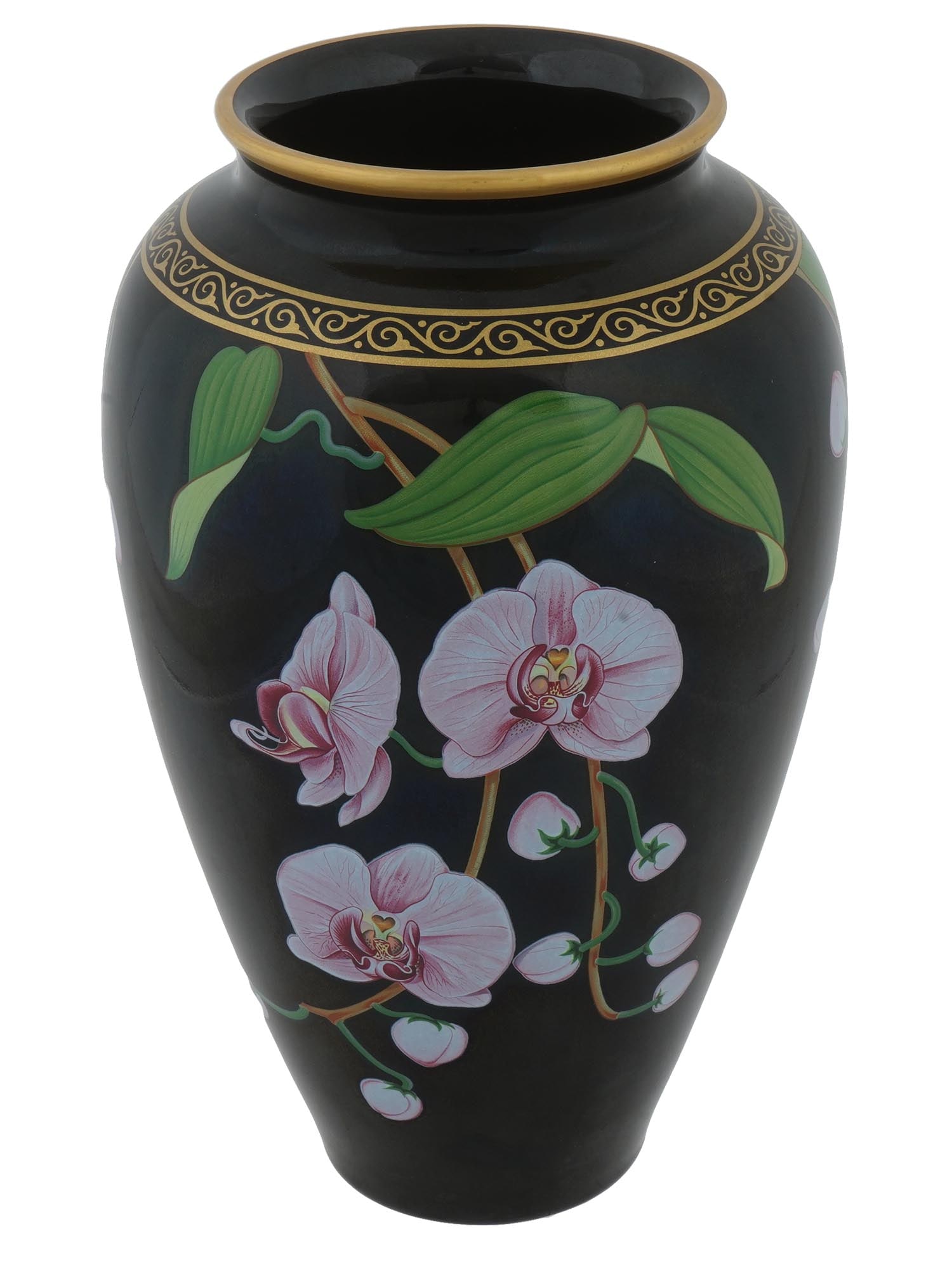 VINTAGE 1986 PORCELAIN VASE W ORCHID BY FRANKLIN MINT: A vintage 1986 porcelain vase, Fragrant Orchid, by Franklin Mint and designed by artist Makoto Miyagi. A beautiful hand painted decoration on the black base with an orchid and gilded elements. Stamped