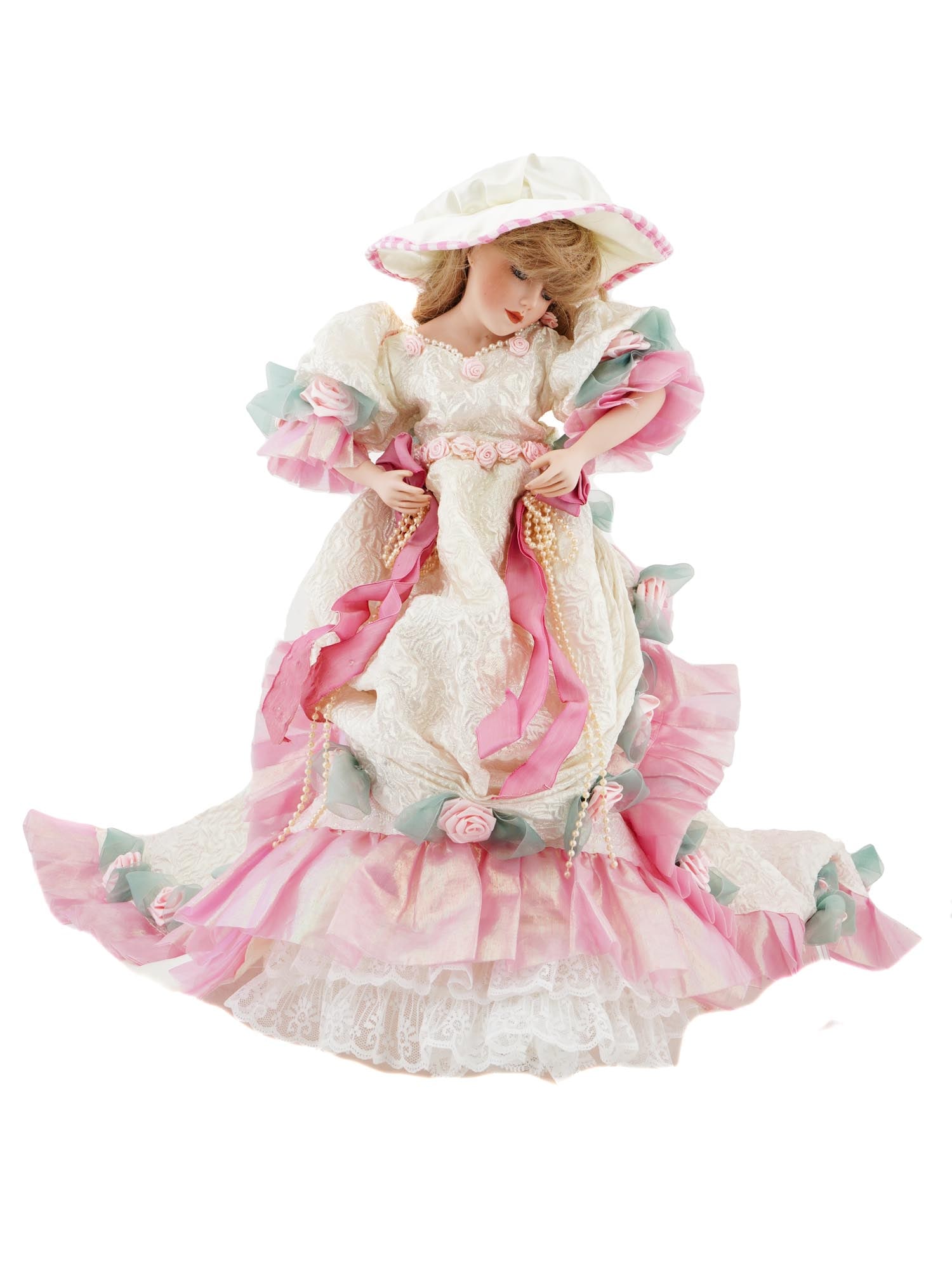 VTG MARYSE NICOLE BLUSHING ROSE PORCELAIN DOLL: A jointed full body porcelain doll Blushing Rose designed and created by Maryse Nicole and sold exclusively by the Franklin Mint. Crafted of fine bisque porcelain with hand set glass eyes, the doll is