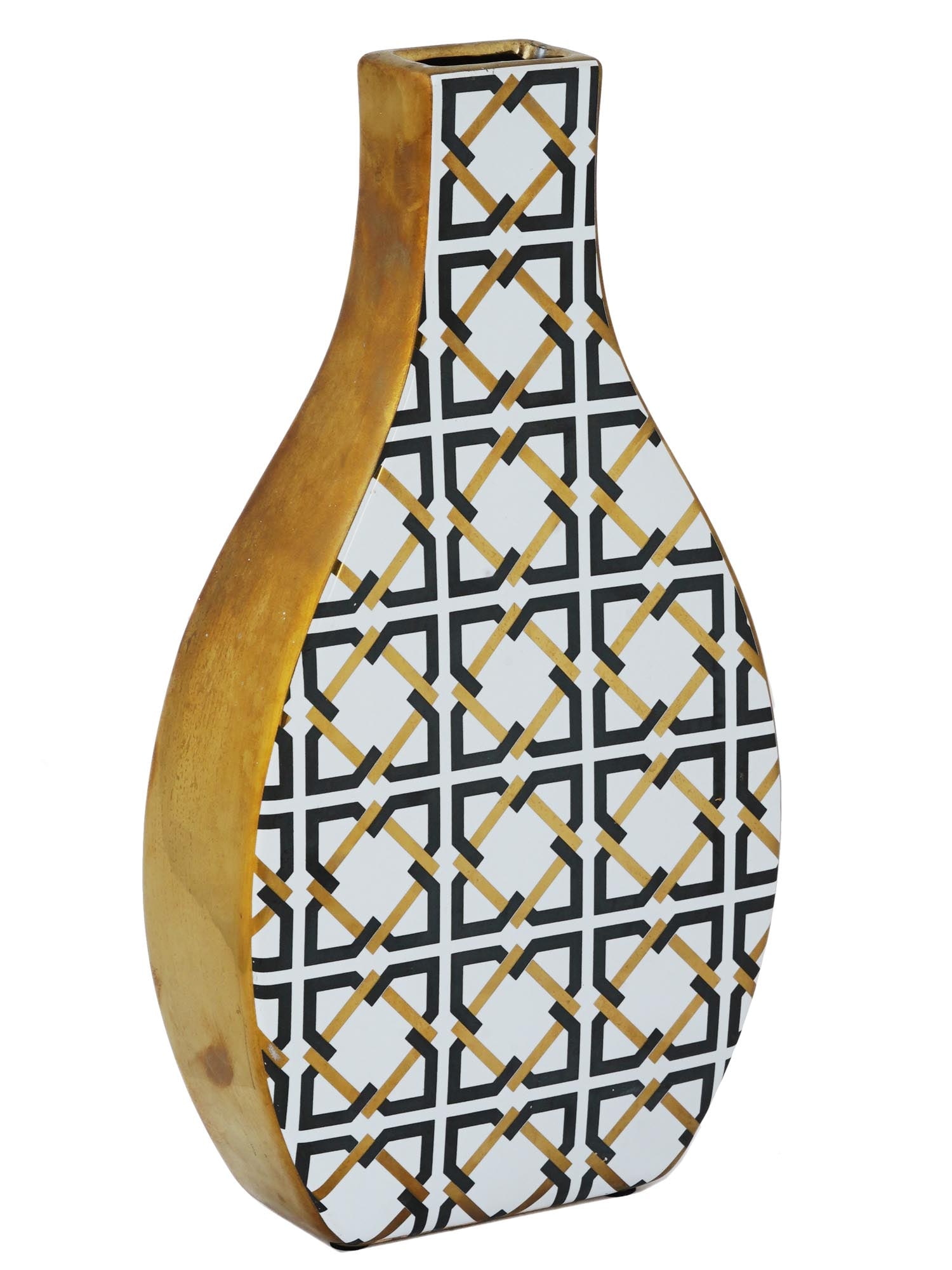 VINTAGE FLAT BRASS VASE WITH INLAID GEOMETRIC DESIGN: A vintage flat brass vase with inlaid geometric design on the front side exuding an aura of timeless elegance and artistic flair. Crafted with meticulous attention to detail, this exquisite piece feat