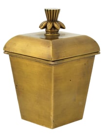 ANTIQUE SQUARE BRASS TOBACCO JAR WITH DECORATED LID