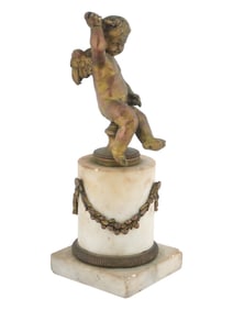 CHERUB PATINATED BRONZE SCULPTURE ON MARBLE STAND