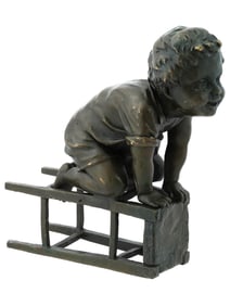 VINTAGE BRONZE FIGURE BOY ON STOOL BY JUAN CLARA AYATS
