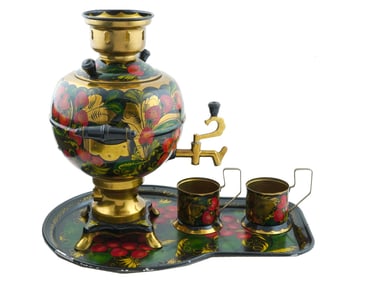 RUSSIAN SOVIET KHOKHLOMA TEA SET SAMOVAR TRAY HOLDERS