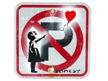 GIRL WITH BALOON STENCIL ART WORK ON METAL SIGN