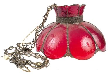 AMERICAN RUBY RED STAINED GLASS HANGING SWAG LAMP