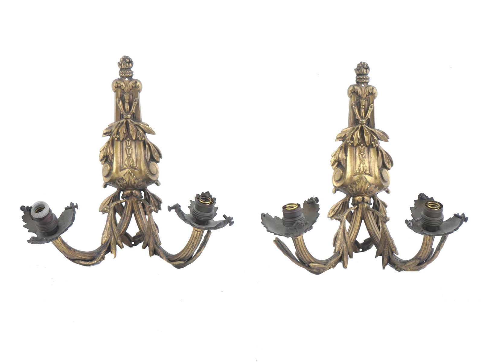 EARLY 20TH C GILT BRASS ELECTRICAL WALL SCONCES (1 of 5)