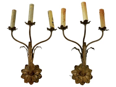 PAIR OF BRASS ELECTRICAL WALL SCONCES WITH FLOWERS