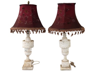 PAIR OF EUROPEAN MARBLE DESK LAMPS EMBROIDERED SHADES