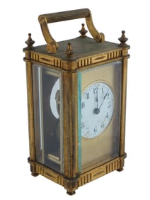 ANTIQUE ENGLISH GILT BRASS CARRIAGE CLOCK WITH HANDLE