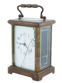 ANTIQUE BRASS GLASS SIDE CARRIAGE CLOCK WITH A HANDLE