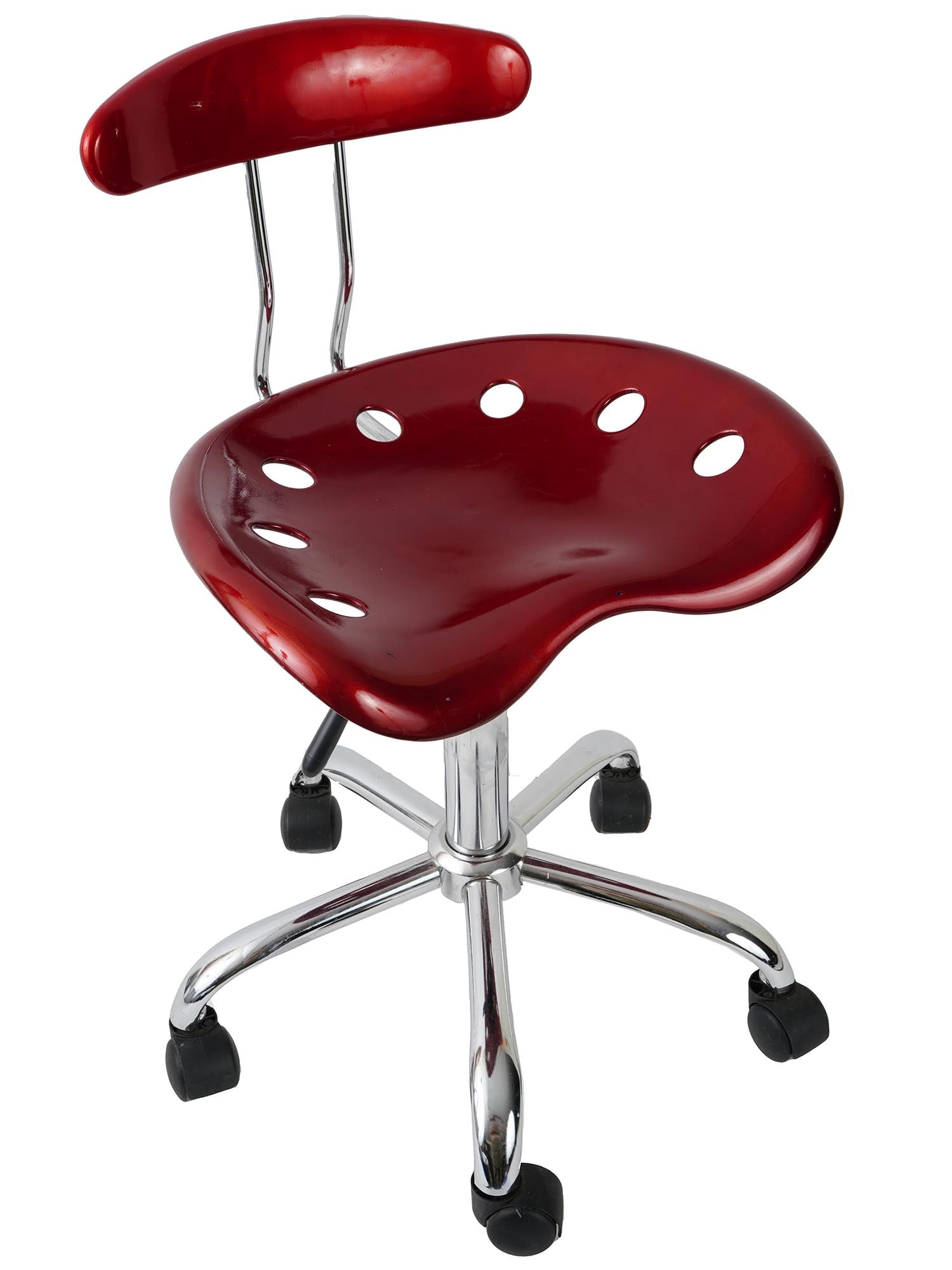 WINE RED ABS PLASTIC STOOL WITH ADJUSTABLE HEIGHT: A modern wine red high gloss ABS plastic stool with adjustable height. Five wheels. Easy Movement 360 degree. Comfortable, streamlined tractor stool with backrest. Vintage American And European Wooden