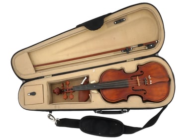 VINTAGE ACOUSTIC WOODEN VIOLIN WITH CASE AND BOW