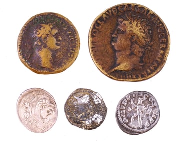 FIVE ANCIENT GRECO ROMAN SILVER AND BRONZE COINS