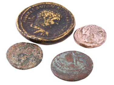 FOUR ANCIENT GRECO ROMAN SILVER AND BRONZE COINS