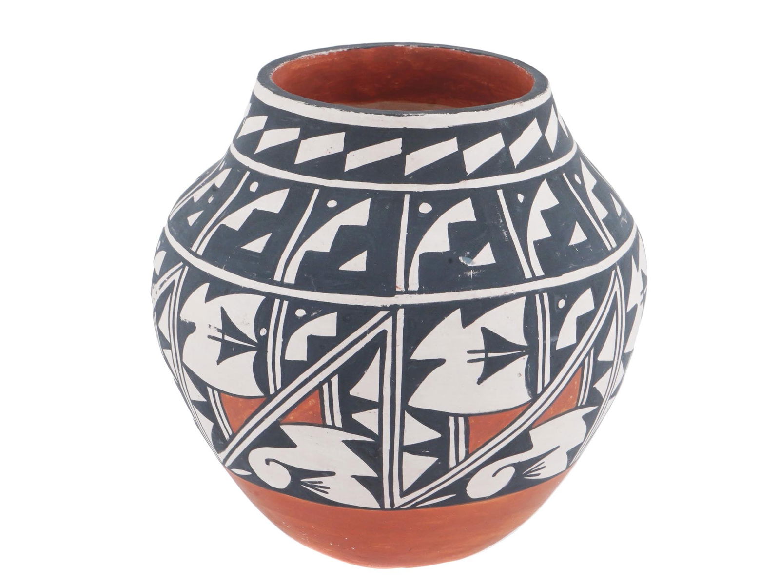 NATIVE AMERICAN ACOMA PUEBLO INDIAN BOWL WITH COA: A native American Acoma Pueblo Indian bowl with a certificate of authenticity. The rounded bowl with the raised neck. Polychrome geometric design in black, white, and red over the entire surface. Come