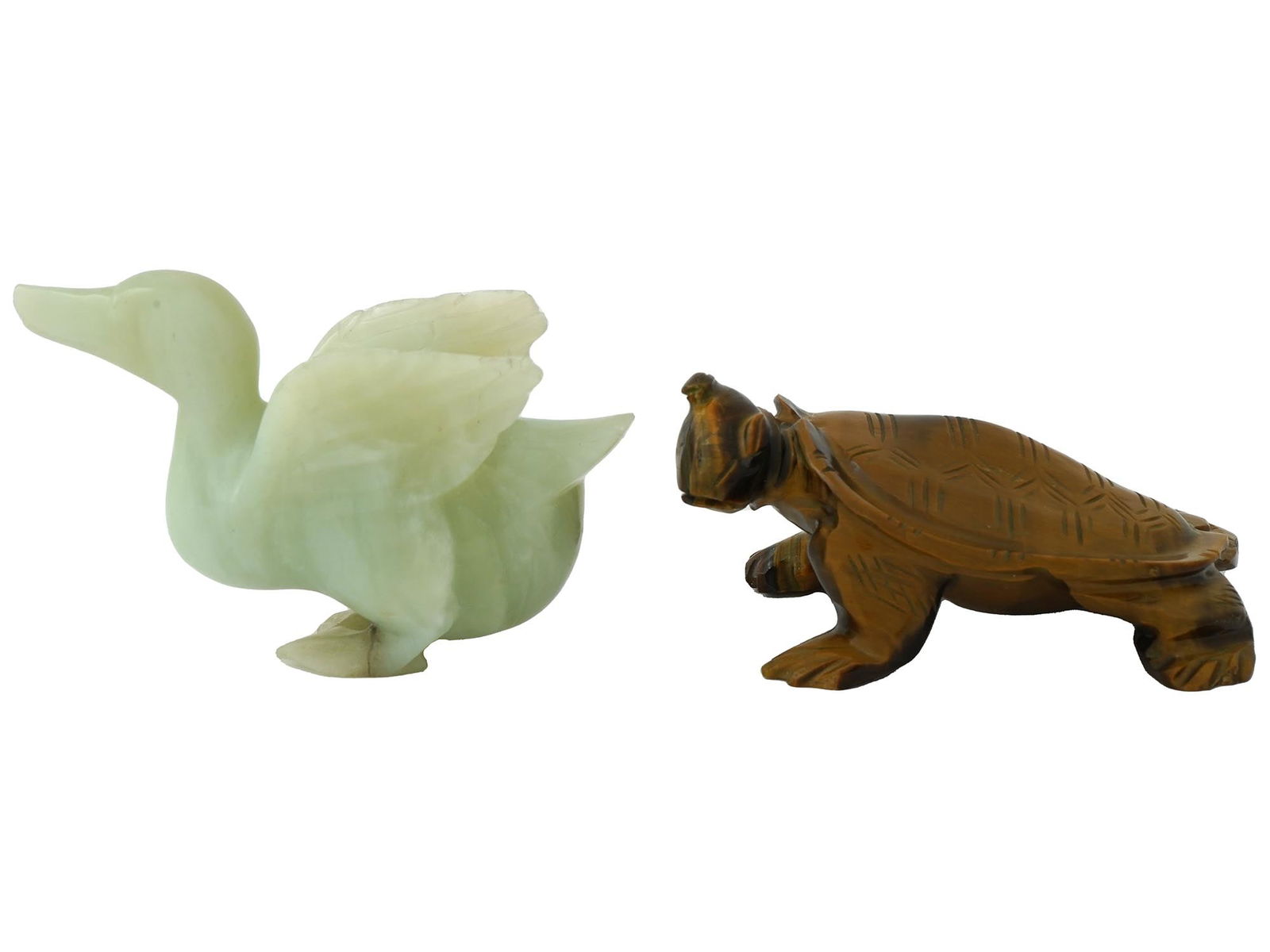 LOT OF GREEN JADE TIGER EYE DUCK TURTLE FIGURINES (1 of 9)