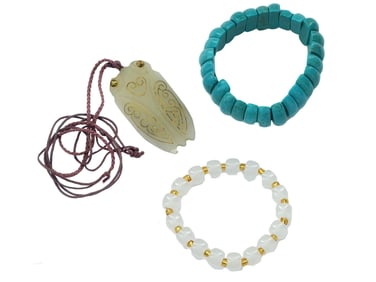 CHINESE CARVED JADE TURQUOISE BRACELETS AND PENDANT