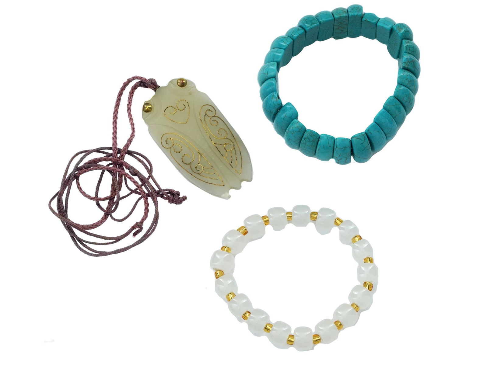 CHINESE CARVED JADE TURQUOISE BRACELETS AND PENDANT (1 of 7)