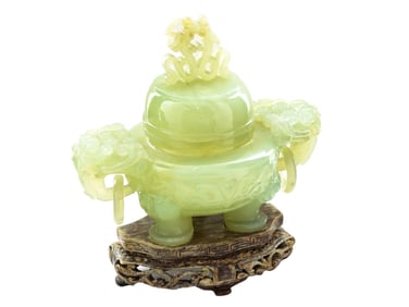 CHINESE APPLE GREEN JADE TRIPOD INCENSE BURNER STAND