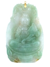 18K GOLD CARVED GREEN JADE BUDDHA AMULET PENDANT