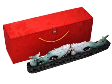 CHINESE HAND CARVED JADE DRAGON FIGURES W STAND BOX