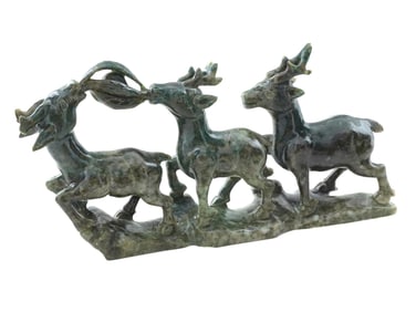 CHINESE CARVED SPINACH JADE FIGURAL GROUP OF DEER