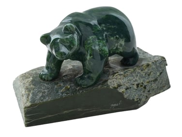 LYLE SOPEL CARVED JADE SCULPTURE OF BEAR ON ROCK