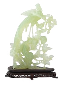 CHINESE CARVED SERPENTINE FIGURE OF BIRDS W STAND