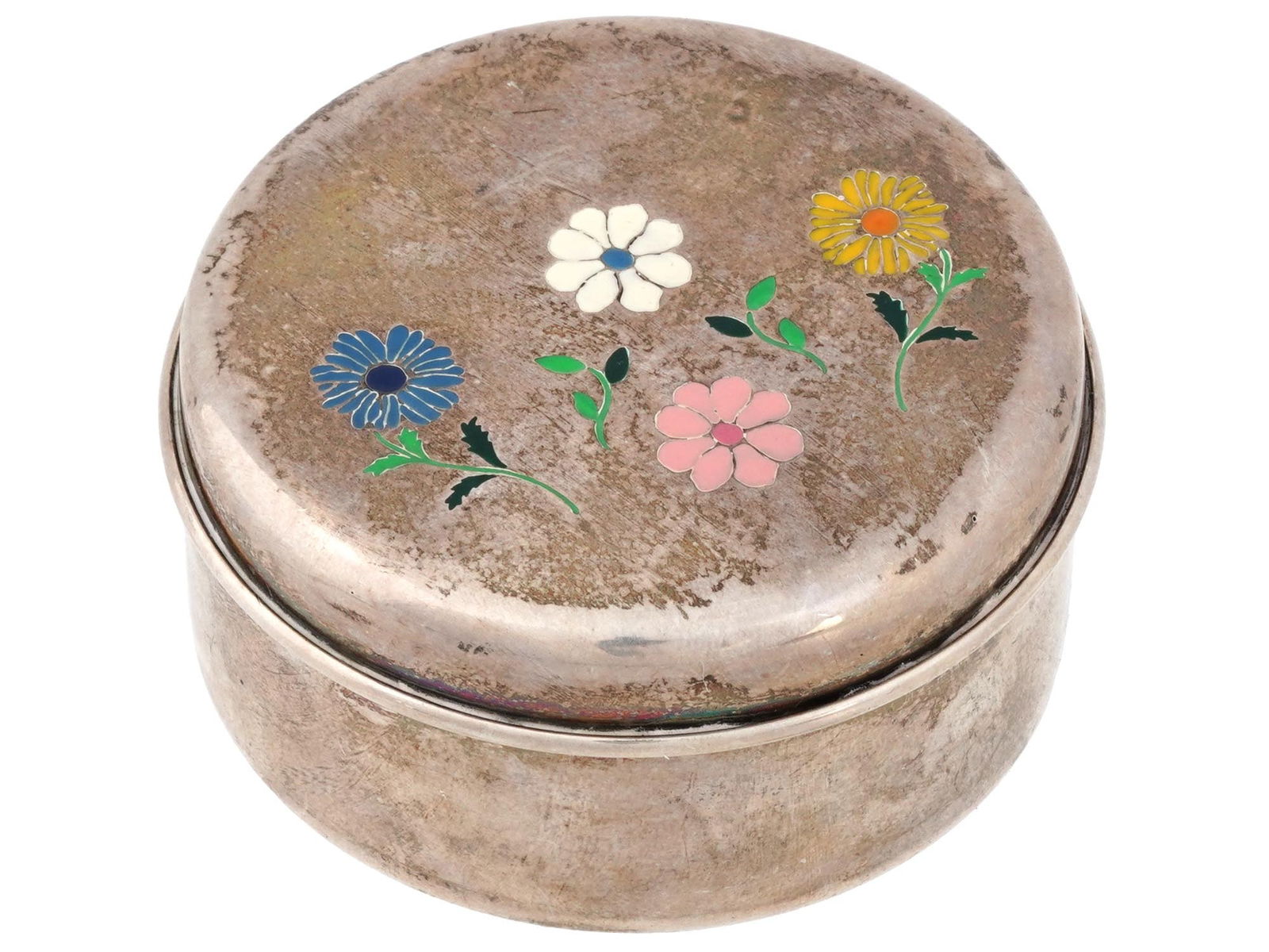 CHINESE STERLING SILVER CHAMPLEVE ENAMEL PILL BOX: A vintage Chinese sterling silver trinket or pill box. Round piece with screw-on lid. The lid is decorated with polychrome champleve enamel flowers. Marked Sterling on the bottom. Total Weight: 43 gra