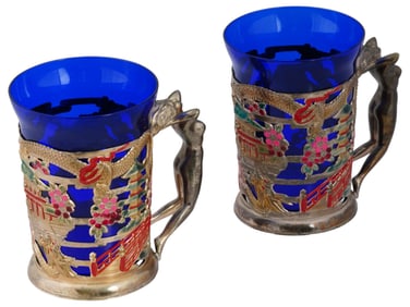 JAPANESE GLASS STEINS W METAL ENAMEL GLASS HOLDERS