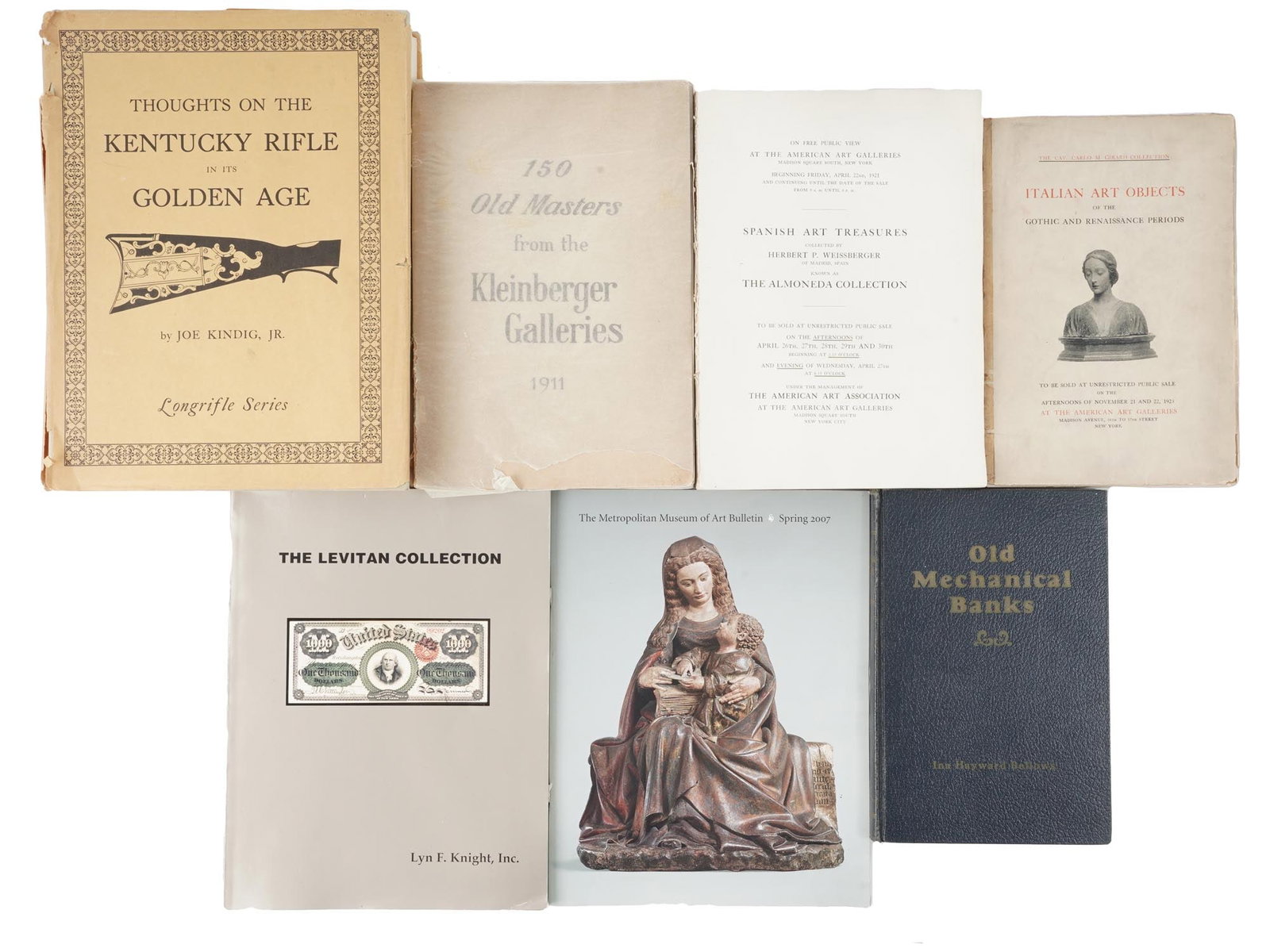 ANTIQUE AND VINTAGE ART CATALOGS AND BOOKS: A collection of seven antique and vintage art books and auction catalogs. Thoughts on the Kentucky Rifle in its Golden Age Longrifle Series by Joe Kindig, published by Bonanza Books, New York, 1964. A