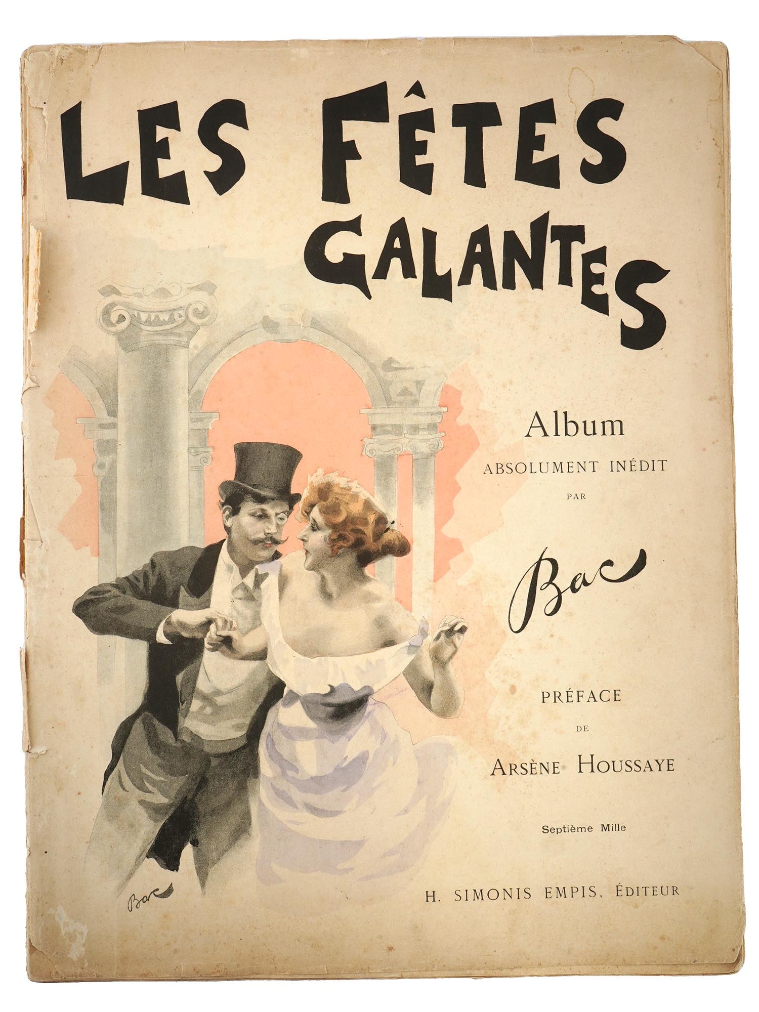 ANTIQUE FRENCH ART ALBUM BY FERDINAND BAC: Les Fetes Galantes, The Gallantry Festival. Album by Bac. Preface by Arsene Houssaye. Published by H. Simonis Empis, Paris. Ca. 1894. Softcover. Color plates. Ferdinand Bac, 1859 to 1952, was a German