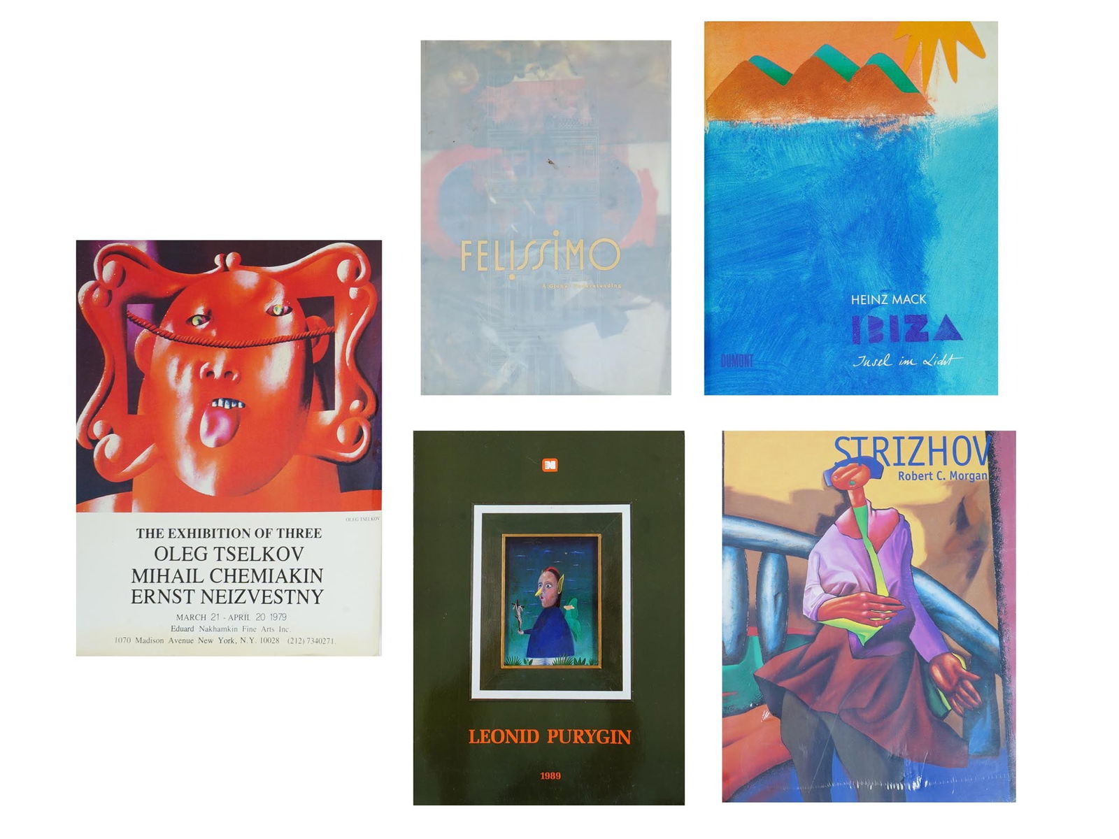 VINTAGE RUSSIAN ARTISTS BOOKS AND CATALOGS: A lot of vintage art books and catalogs. A total of 5 publications. The Exhibition of Three, Oleg Tselkov, Mikhail Chemiakin, Ernst Neizvestny, Eduard Nakhamkin Fine Art Inc., 1979. Felissimo, A Globa