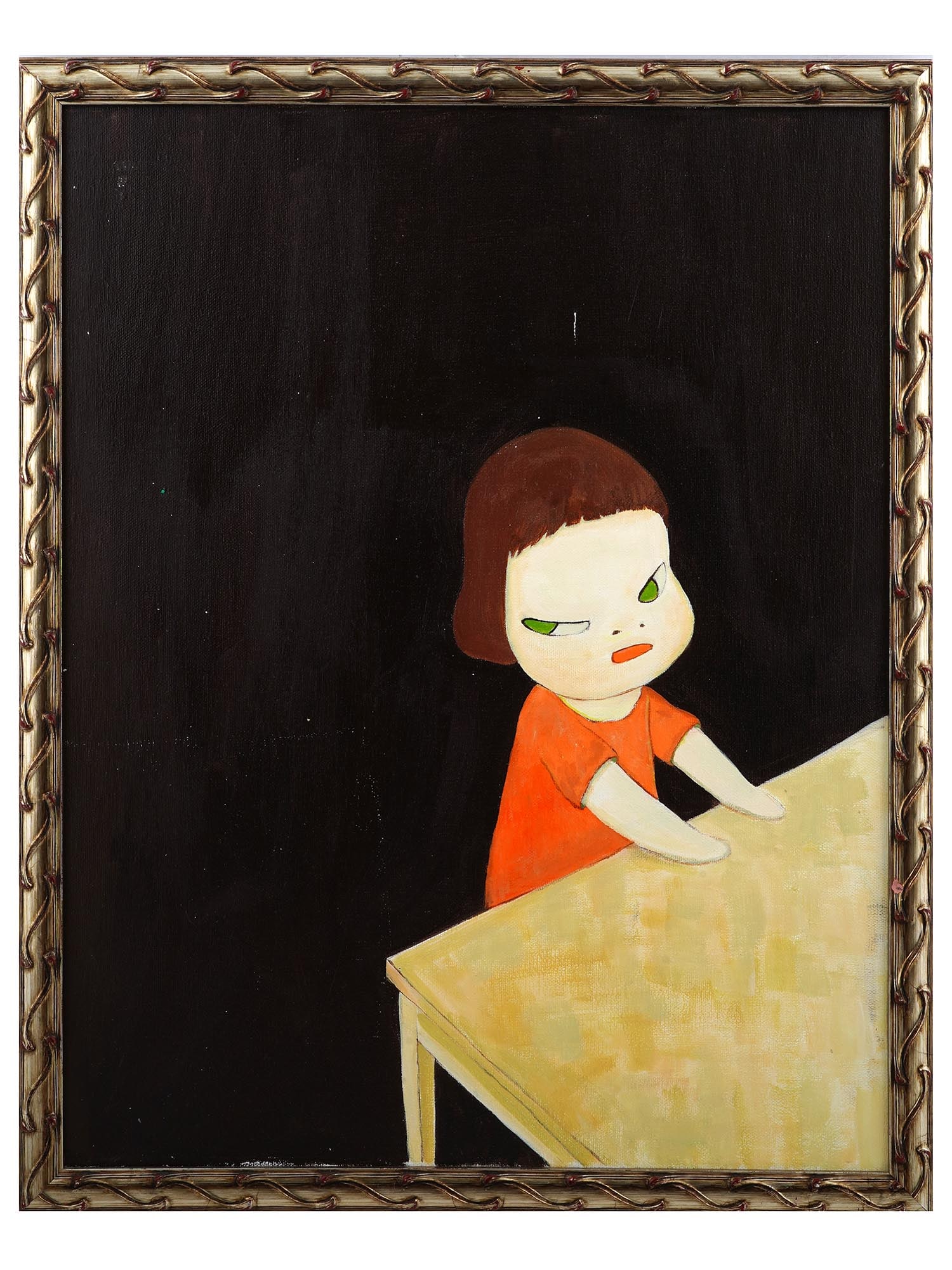 ATTR TO NARA YOSHITOMO JAPANESE PORTRAIT OIL PAINTING: Attributed to Yoshitomo Nara, Japanese, born 1959, oil painting on canvas depicting a portrait of a grumpy young girl seated at the table, 1998. Framed. Inscribed and dated, on the backside. Yoshitomo
