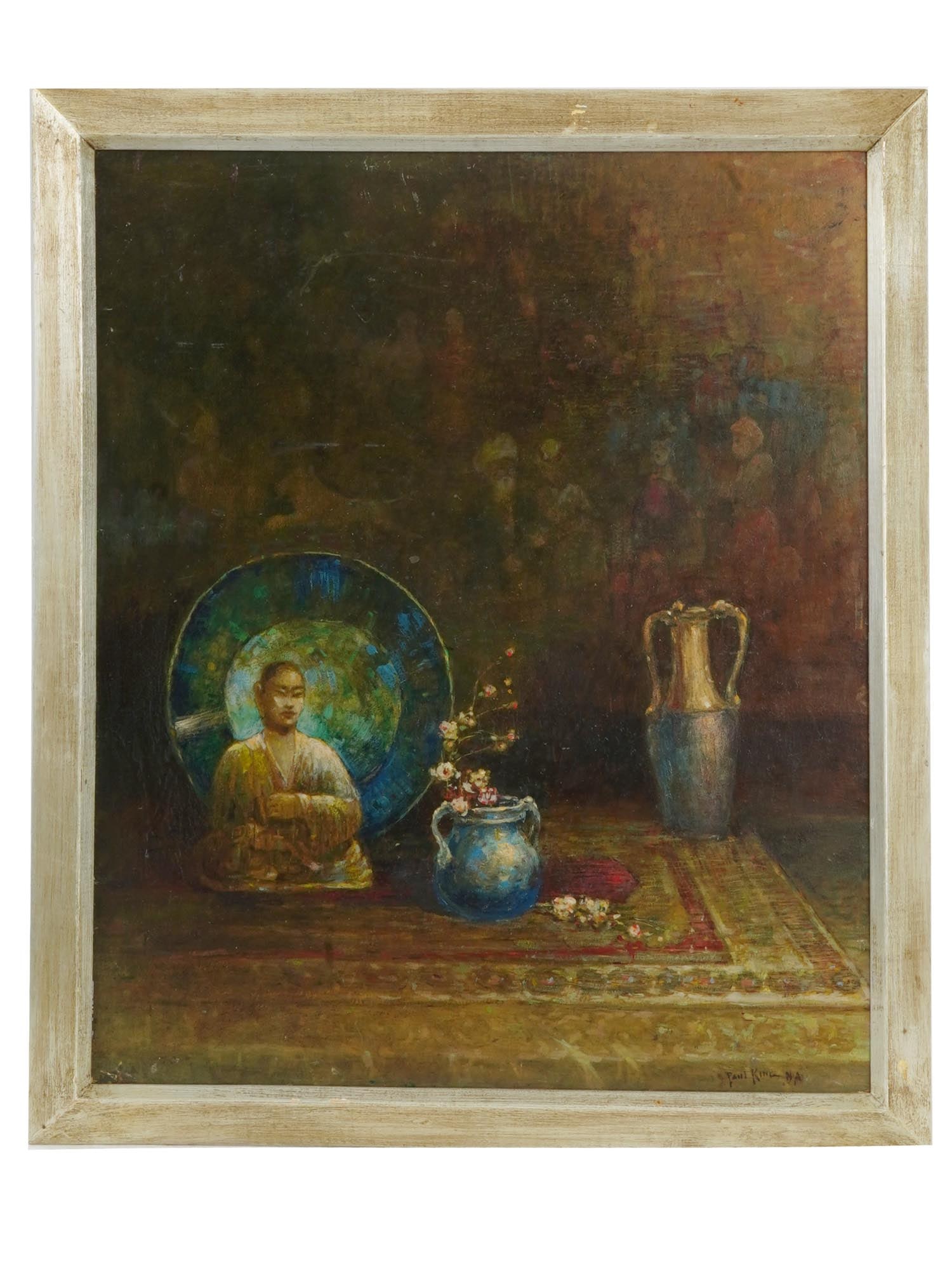 PAUL BERNARD KING AMERICAN STILL LIFE OIL PAINTING: Paul Bernard King, American, 1867 to 1947, oil painting on masonite board Eastern Treasures, depicting a still life with Asian pottery. Signed lower right, Paul King, (NA) for National American Artist