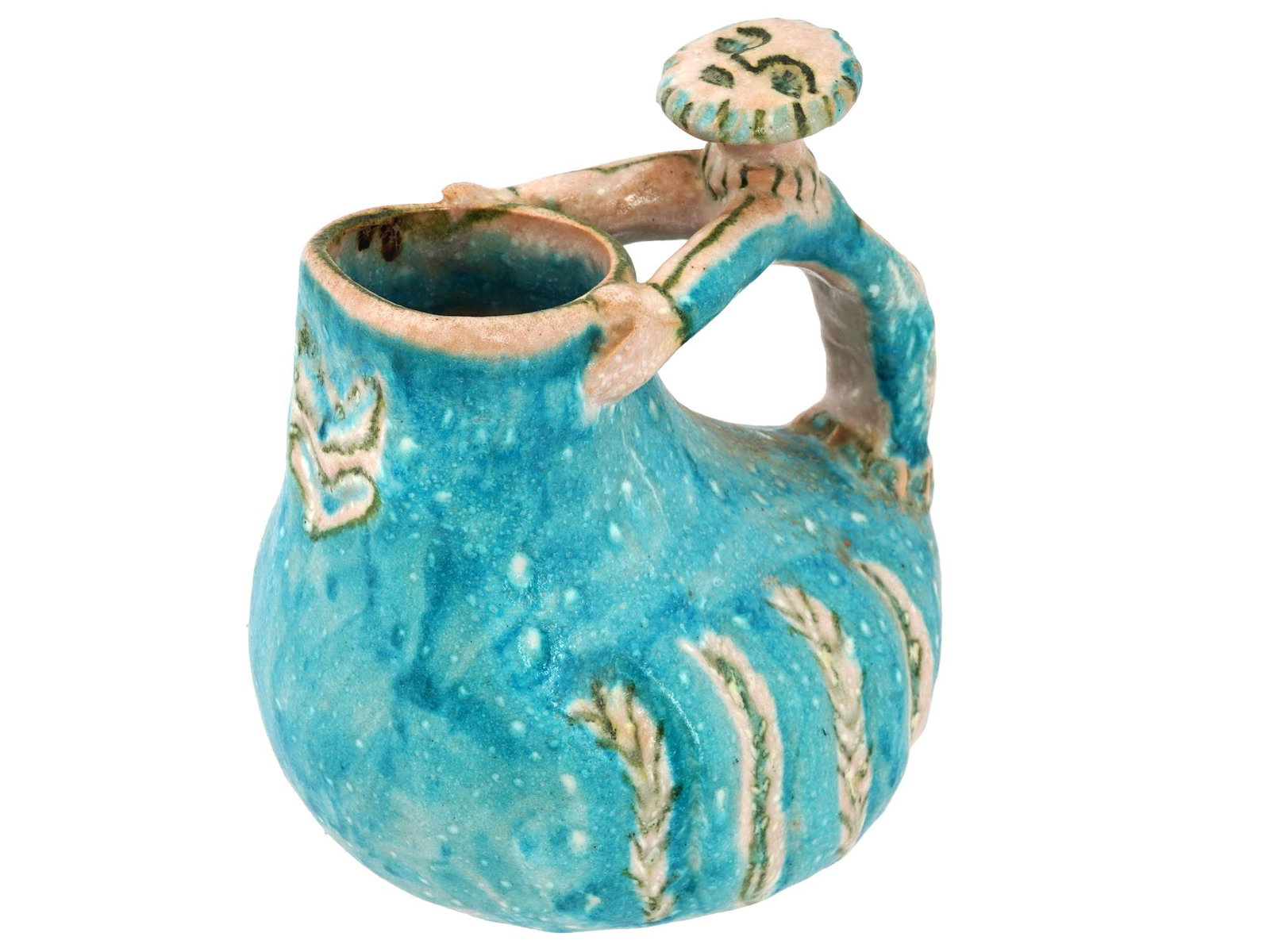 ITALIAN CERAMIC JUG SCULPTURE BY GUIDO GAMBONE: Guido Gambone, Italian, 1909 to 1969, a ceramic sculpture in the form of a jug, featuring a handle modeled as a human figure with spreading hands and a flat head, circa the 1950s. Signed underside. Gu