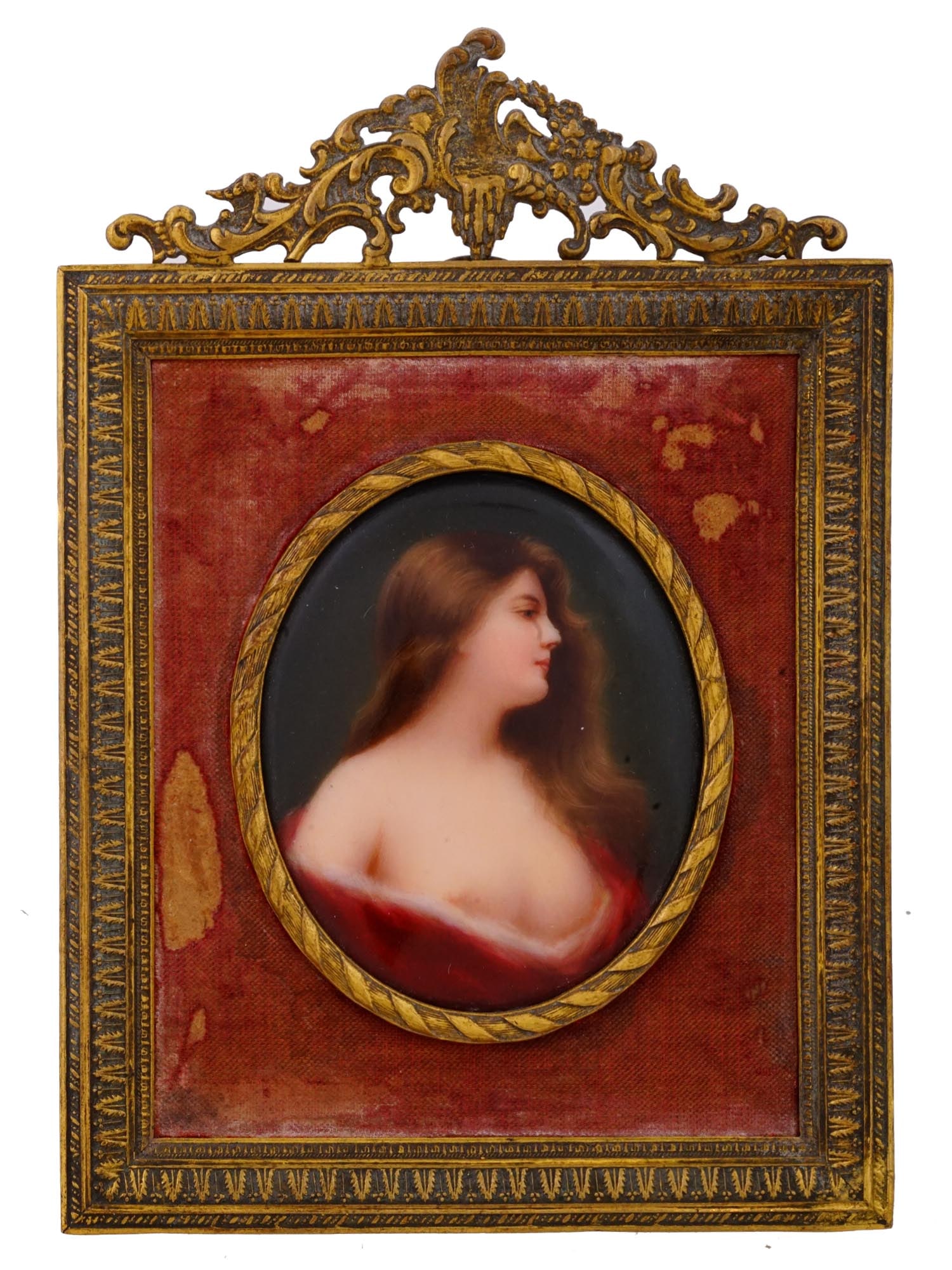 AFTER ANGELO ASTI FEMALE PORTRAIT MINIATURE PAINTING: Miniature painting on enamel plaque. European, late 19th century. After Angelo Asti, 1847 to 1903, a French-Italian artist of the Belle Epoque known fir his female portraits. The artwork depicts a pro