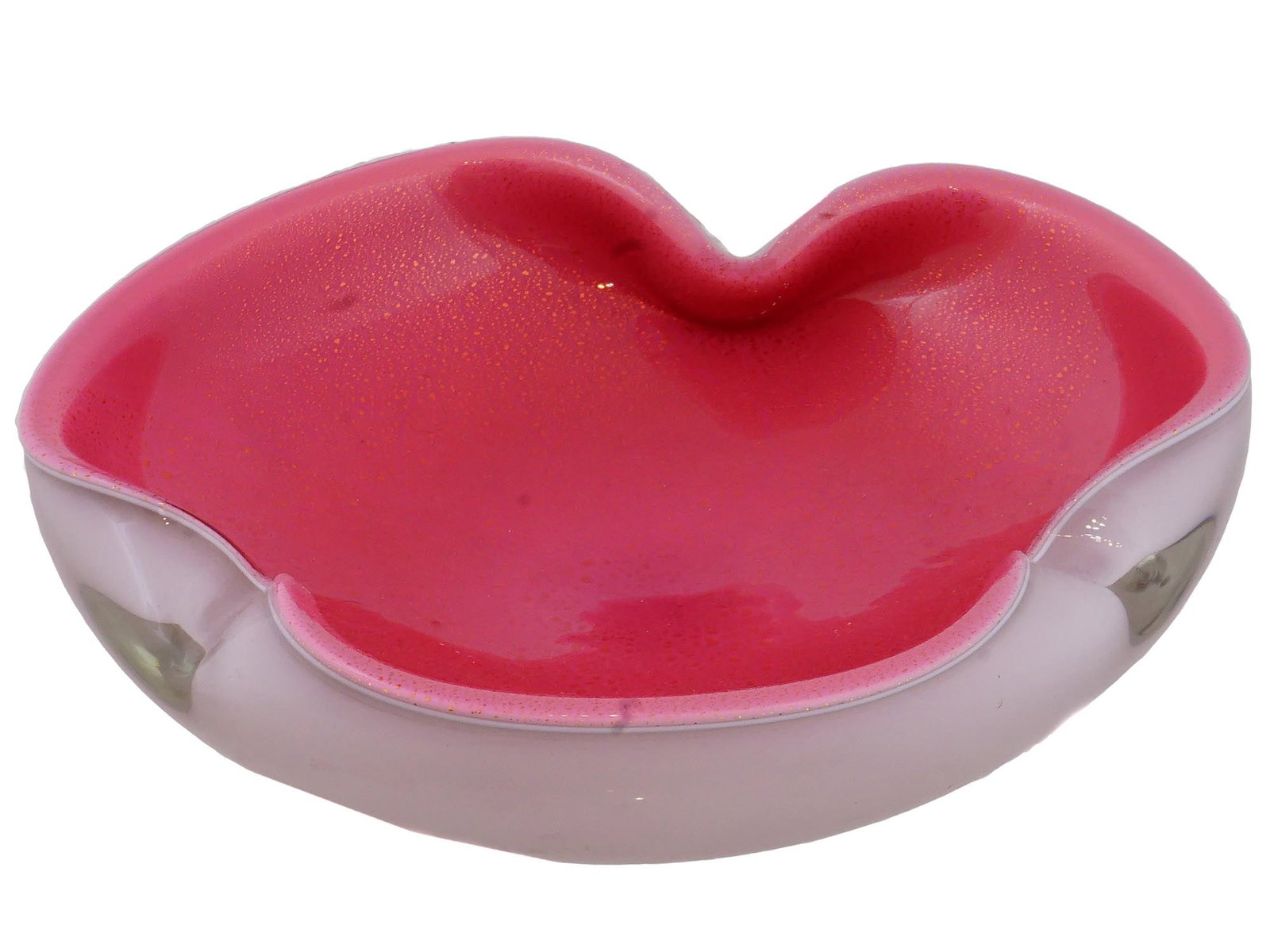 ARCHIMEDE SEGUSO MANNER HAND BLOWN ART GLASS BOWL: A Mid 20th century triangle formed hand blown Murano manner art glass bowl. The bowl is made of pink and opalescent white glass with a folded edge in the manner of Archimede Seguso, Italian, 1909 to 1