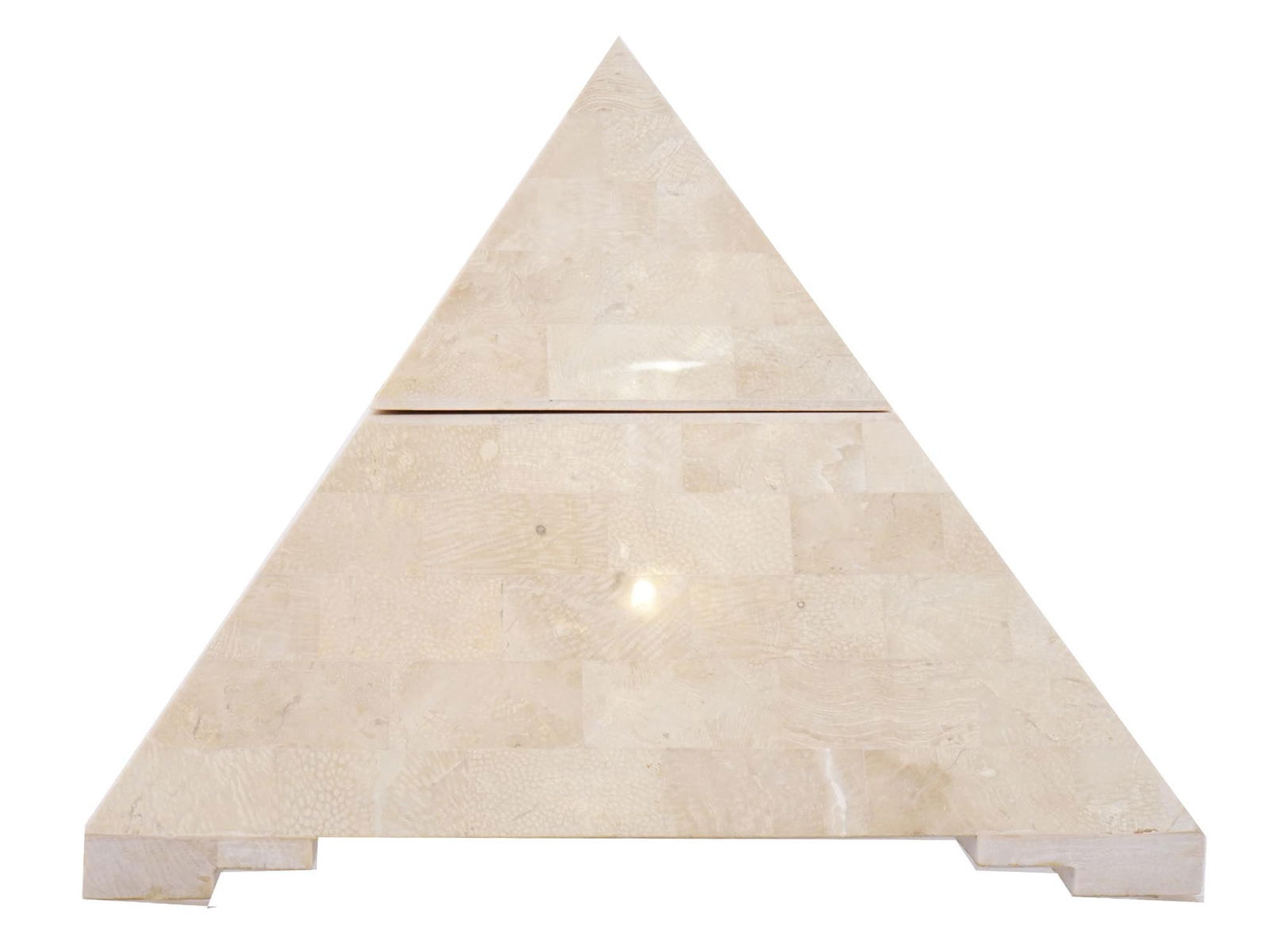 VINTAGE 1980S PYRAMID BOX NEW AGE DECORATION: A vintage 1980s Maitland Smith manner Egyptian pyramid box with a stone style facade and gray felt-lined interior. Raised on four feet. Apparently unmarked. New Age Decor Pieces, Decorative Boxes And