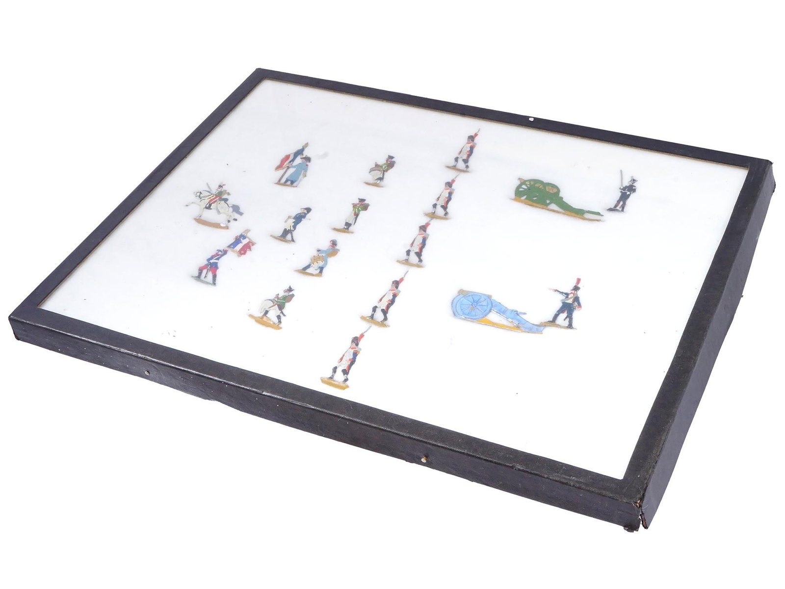 ANTIQUE MILITARY TOYS FRENCH SOLDIERS ARTILLERYMEN: A set of antique military toy figurines, cast in metal and hand-painted with gloss enamel. The collection features a diverse array of French figures, including artillerymen ready to man their cannons,