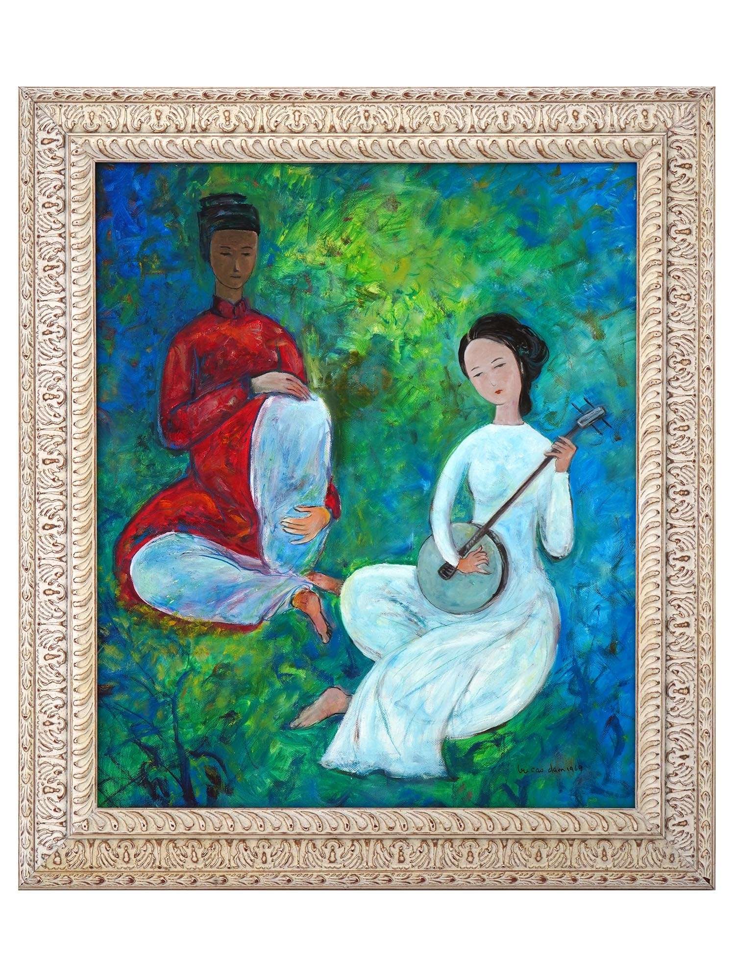 ATTR TO VU CAO DAM VIETNAMESE SCENE OIL PAINTING: Attributed to Vu Cao Dam, Vietnamese, 1908 to 2000, oil painting on canvas depicting a scene with a couple, a lady playing a musial instrument and a seated man, 1969. Signed in Latin, and dated, lower