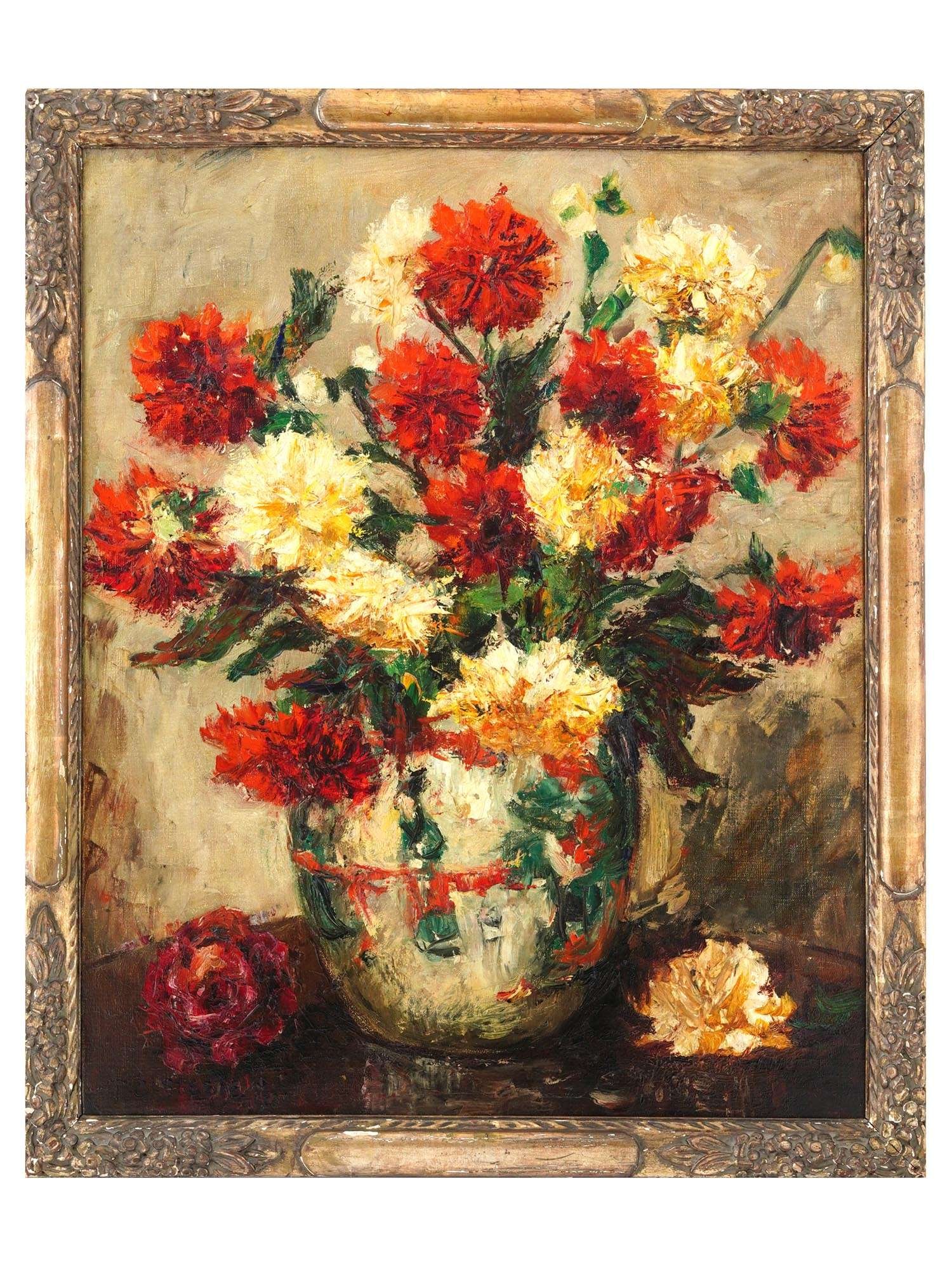 THEODORE CLEMENT STEEL ANTIQUE STILL LIFE OIL PAINTING: Theodore Clement Steele, American, 1847 to 1926, an antique oil painting on canvas depicting a still life with flowers, 1921. Signed, lower left. Additionally inscribed and dated, on the backside. Fra