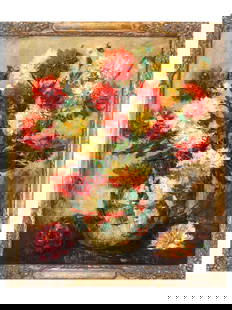 THEODORE CLEMENT STEEL ANTIQUE STILL LIFE OIL PAINTING: Theodore Clement Steele, American, 1847 to 1926, an antique oil painting on canvas depicting a still life with flowers, 1921. Signed, lower left. Additionally inscribed and dated, on the backside. Fra