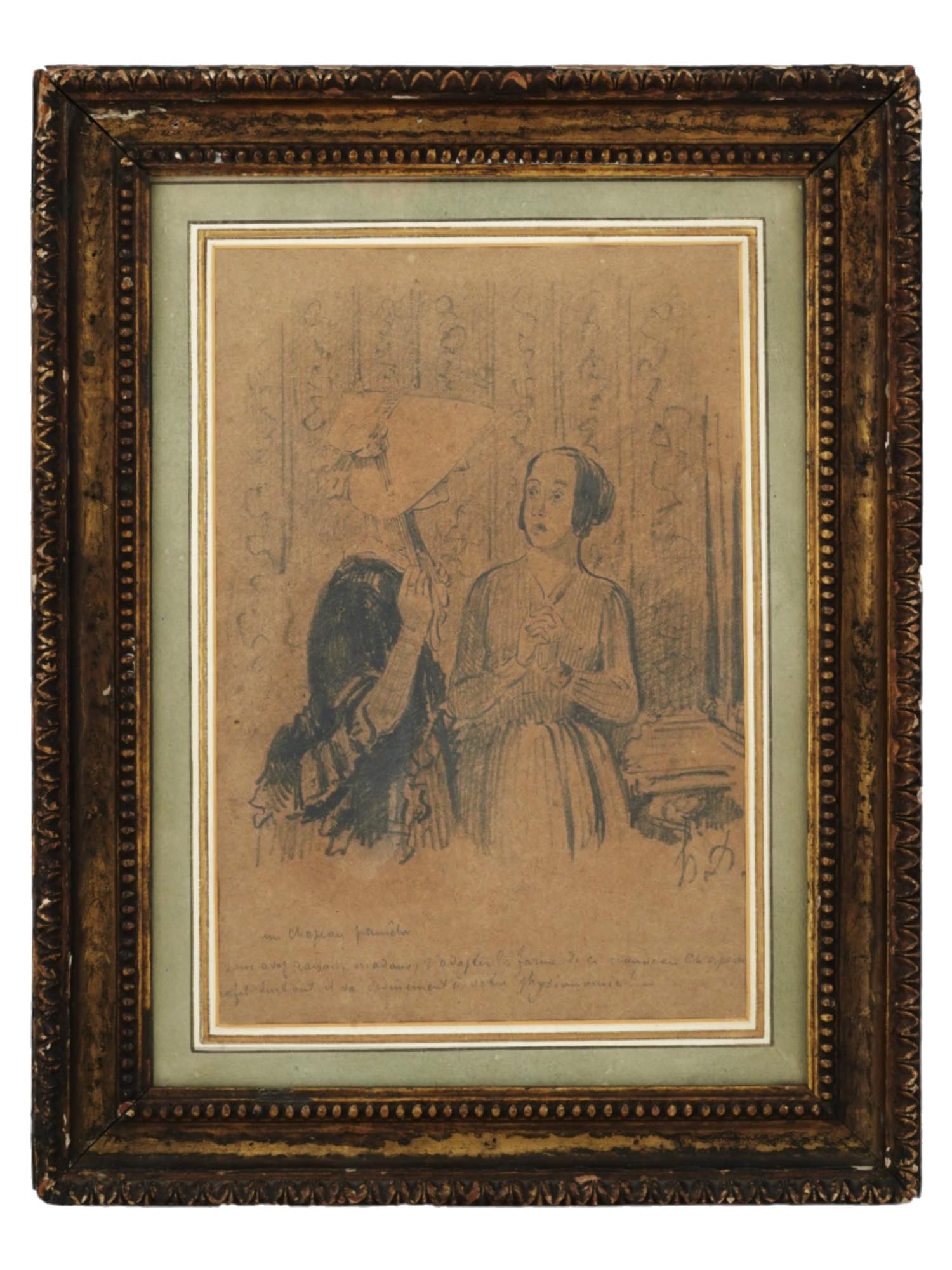 1845 FRENCH MIXED MEDIA PAINTING AFTER HONORE DAUMIER: Mixed media, black stone, chalk, and pencil on paper, Un Chapeau Pamela, A Pamela Hat, 1845 after Honore Daumier, French, 1808 to 1879. Hand written satirical comments at the bottom of the painting in