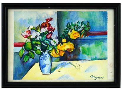 FRENCH MIXED MEDIA PAINTING REPRODUCTION OF PAUL CEZANNE: Paul Cezanne reproduction mixed media painting on paper. Framed. Paul Cezanne was a French Post Impressionist painter whose work introduced new modes of representation and influenced avant garde artis