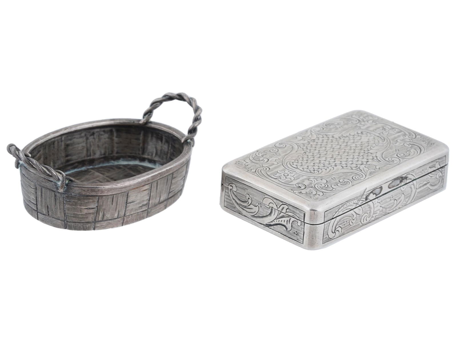 ANTIQUE RUSSIAN 84 SILVER PILL BOX AND SMALL BASKET: A lot of two antique Russian silver items. Circa the 19th century. Including a small engraved pill box with foliage motifs, hallmarked 84 Russian silver standard and 1850, and makers marks inside. Bas