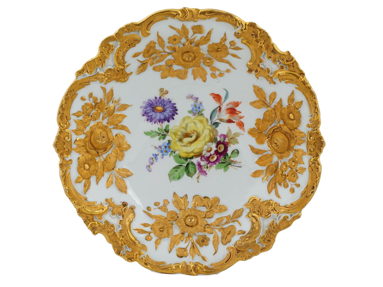 ANTIQUE GERMAN MEISSEN GILT PORCELAIN DEEP PLATE: Antique hand-painted porcelain deep plate by Meissen Porzellan, a prominent German porcelain manufacturer. Ca. late 19th to early 20th century. Round white piece with figurative rim. Richly gilded flo